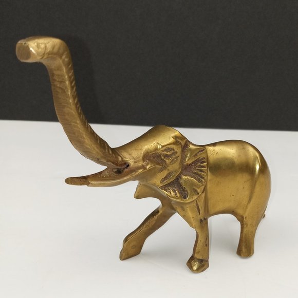 Vintage Golden Brass Lucky Elephant Hearth Desktop Paperweight Trunk Raised Up - Picture 1 of 4